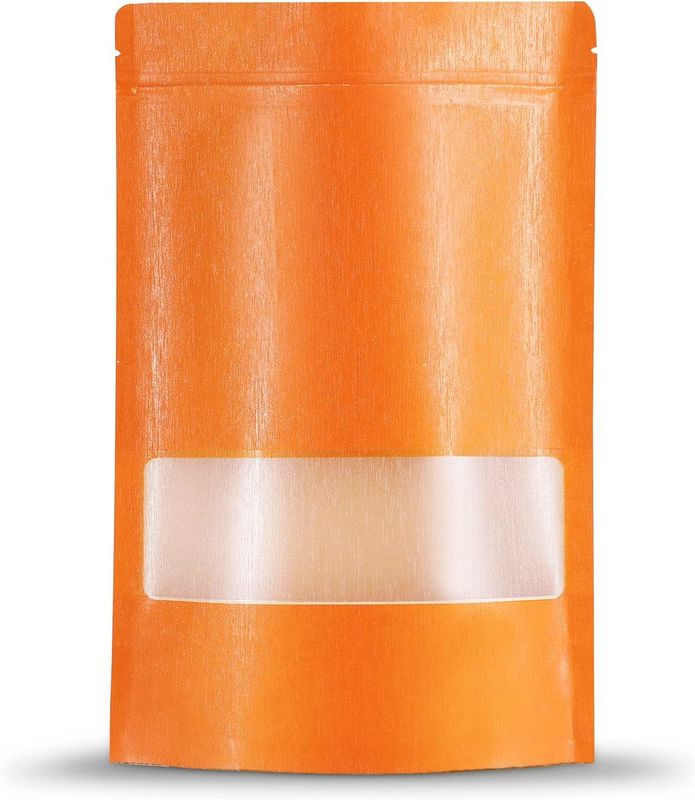 Resealable Reusable Kraft Stand Up Bags With Window Ziplock Heat Seal Orange Packaging